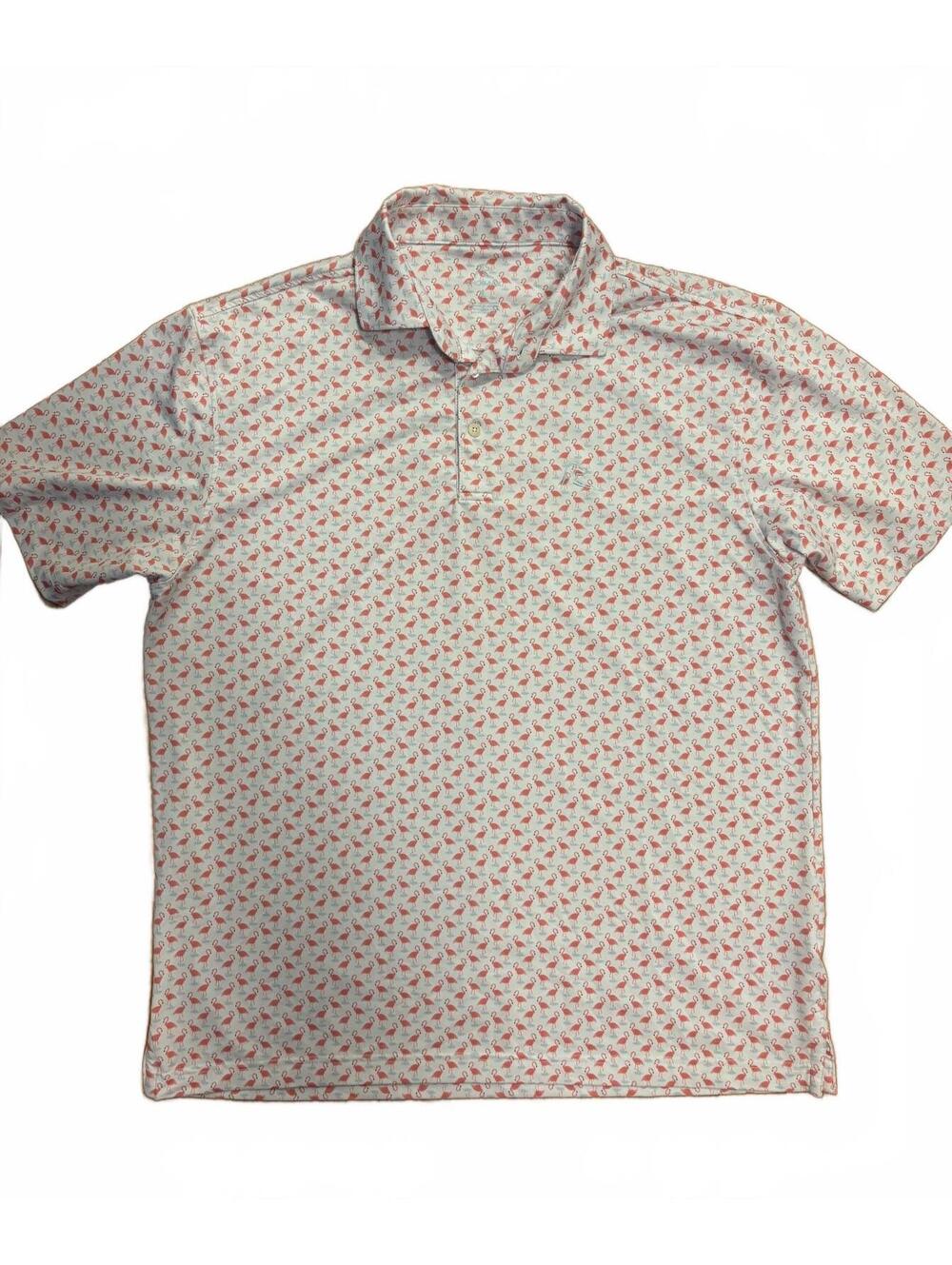Rhoback Men's Polo Shirt Size Large White with Pink Flamingo Pattern